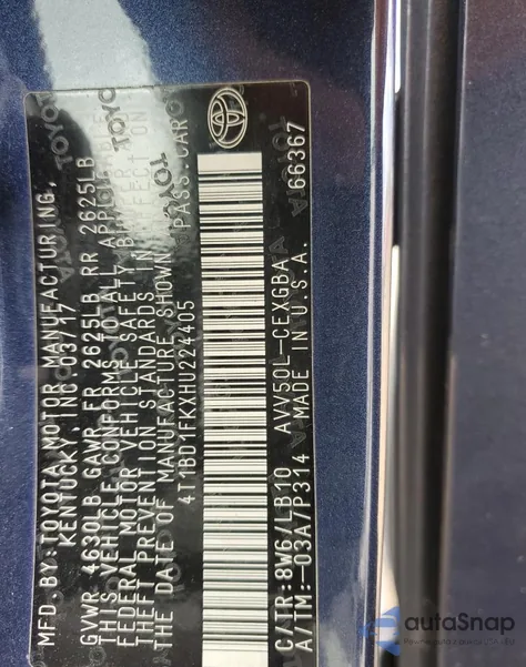 2017 Toyota Camry Hybrid z USA, uszkodzony, nr VIN 4T1BD1FKXHU224405